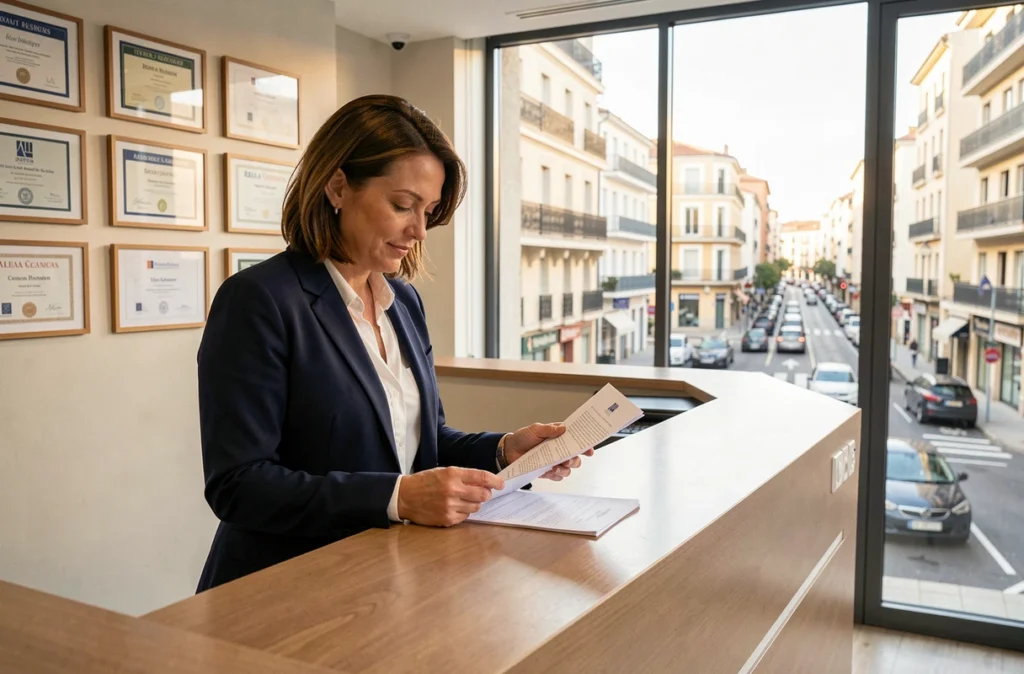 Conseillère de l'agence Foncia Montpellier examinant un contrat de gestion locative au bureau d'accueil