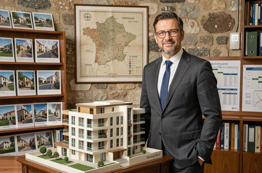 Agent immobilier de Lacombe Immobilier présentant un modèle architectural dans son agence montpelliéraine