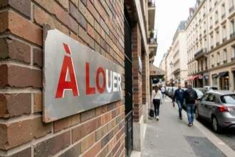 Panneau À Louer en aluminium brossé fixé sur un mur en briques d'immeuble commercial urbain