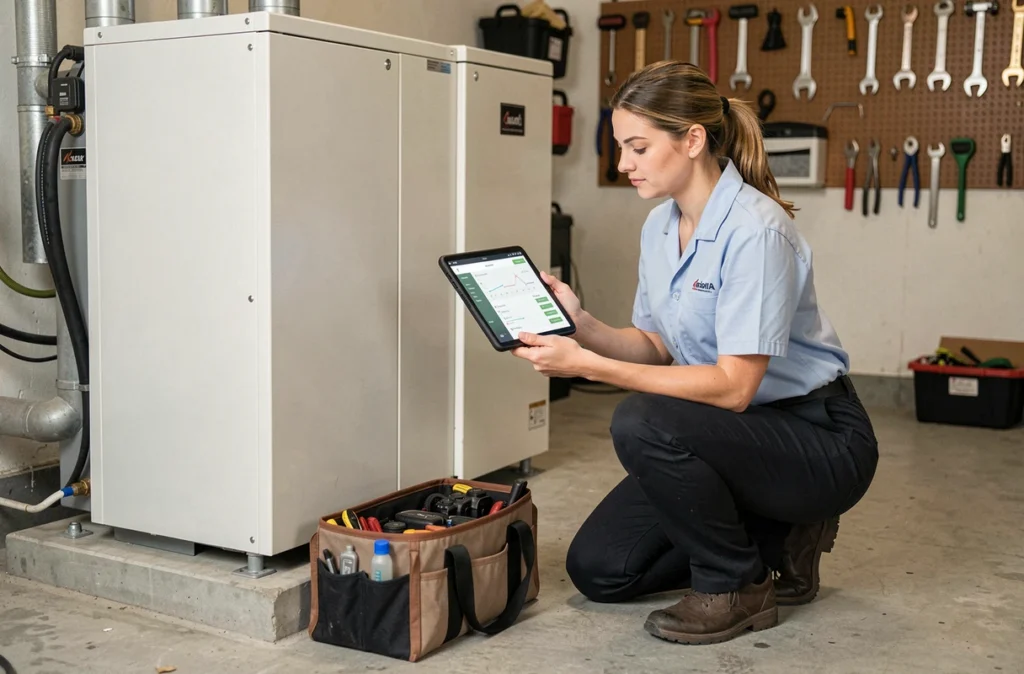Technicienne de Planète Service effectuant la maintenance d'un chauffe-eau thermodynamique dans un garage breton