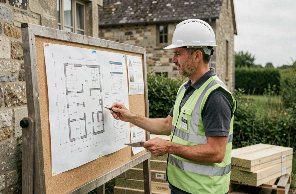 Responsable de Rénovation Durable consultant des plans de rénovation devant une ferme en Ille-et-Vilaine avec matériaux biosourcés