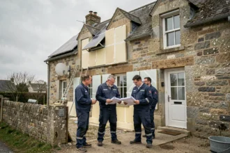 Équipe de rénovation énergétique devant une maison en pierre bretonne avec panneaux isolants et équipements solaires en Ille-et-Vilaine