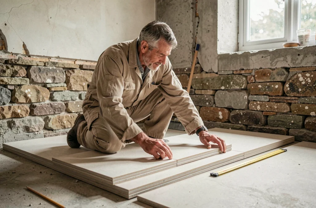 Artisan SARL Falher posant des panneaux isolants rigides sur le sol d'une maison bretonne en rénovation