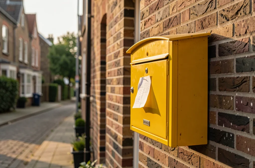 Boîte aux lettres jaune contenant un avis de passage sur une façade