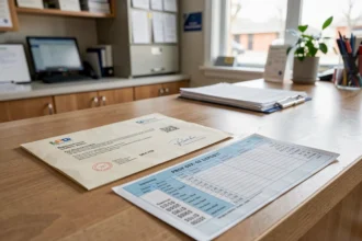 Lettre recommandée et preuve de dépôt posées sur un guichet de poste