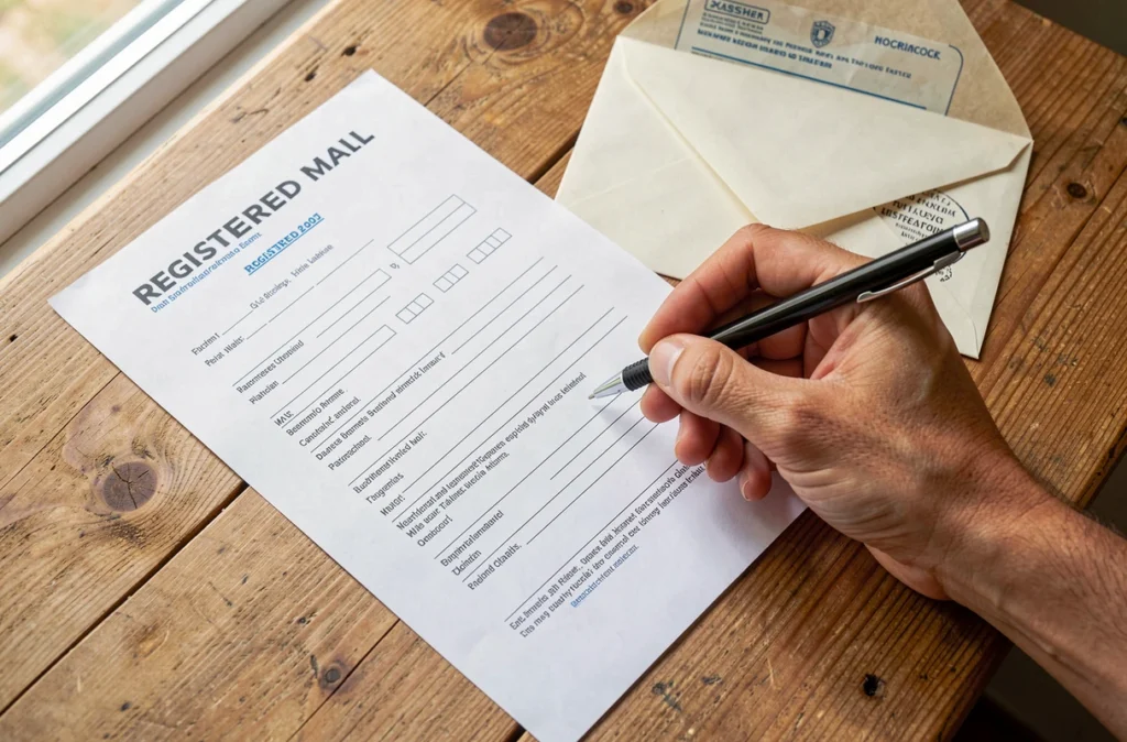 Main remplissant à la main un formulaire de recommandé posé sur une table