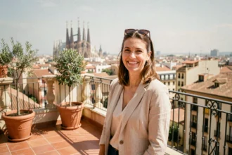 Femme souriante sur une terrasse ensoleillée à Barcelone avec vue sur la Sagrada Família, illustrant la vie au soleil toute l'année