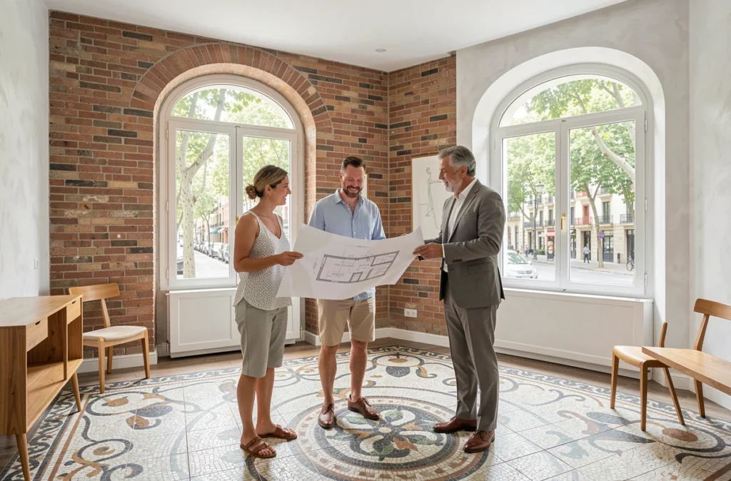 Couple visitant un appartement de style moderniste catalan à Barcelone avec un agent immobilier, planches architecturales en main